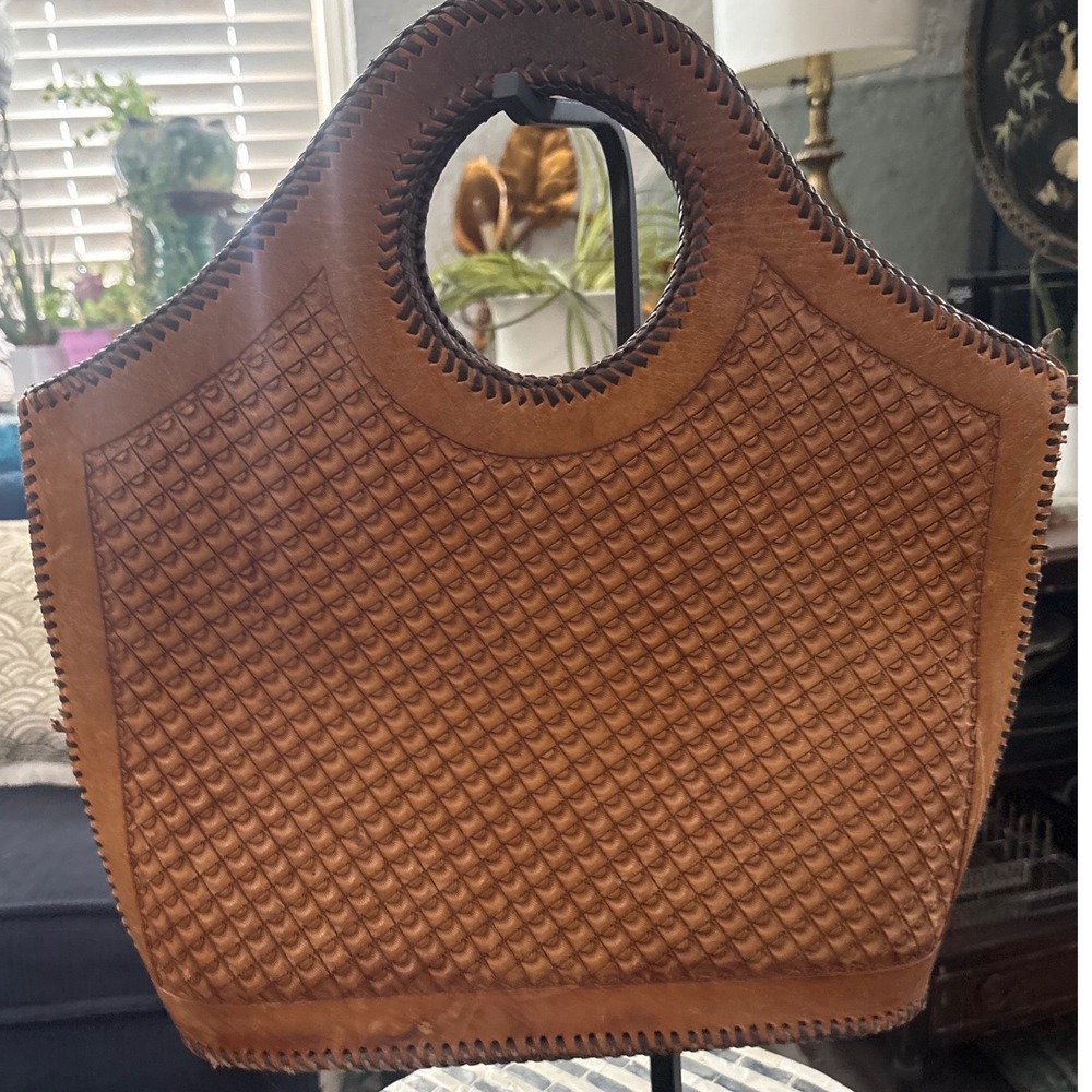 Vintage Hand Tooled Leather Handbag Artisan Boho Sculptural Tote - Picture 1 of 7